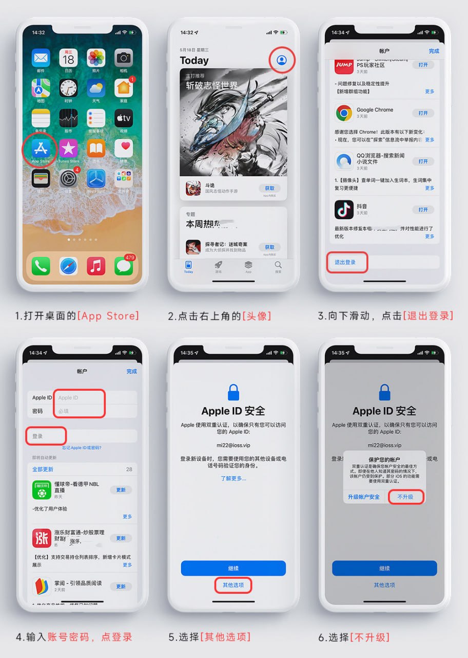 六格拼图,讲解退出 App Store 账号并换用另一个 Apple ID 的完整步骤