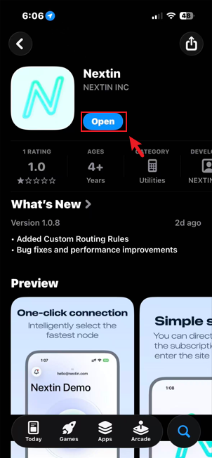 App Store 里 Nextin 的页面,Open 按钮被红框标出,版本 1.0.8
